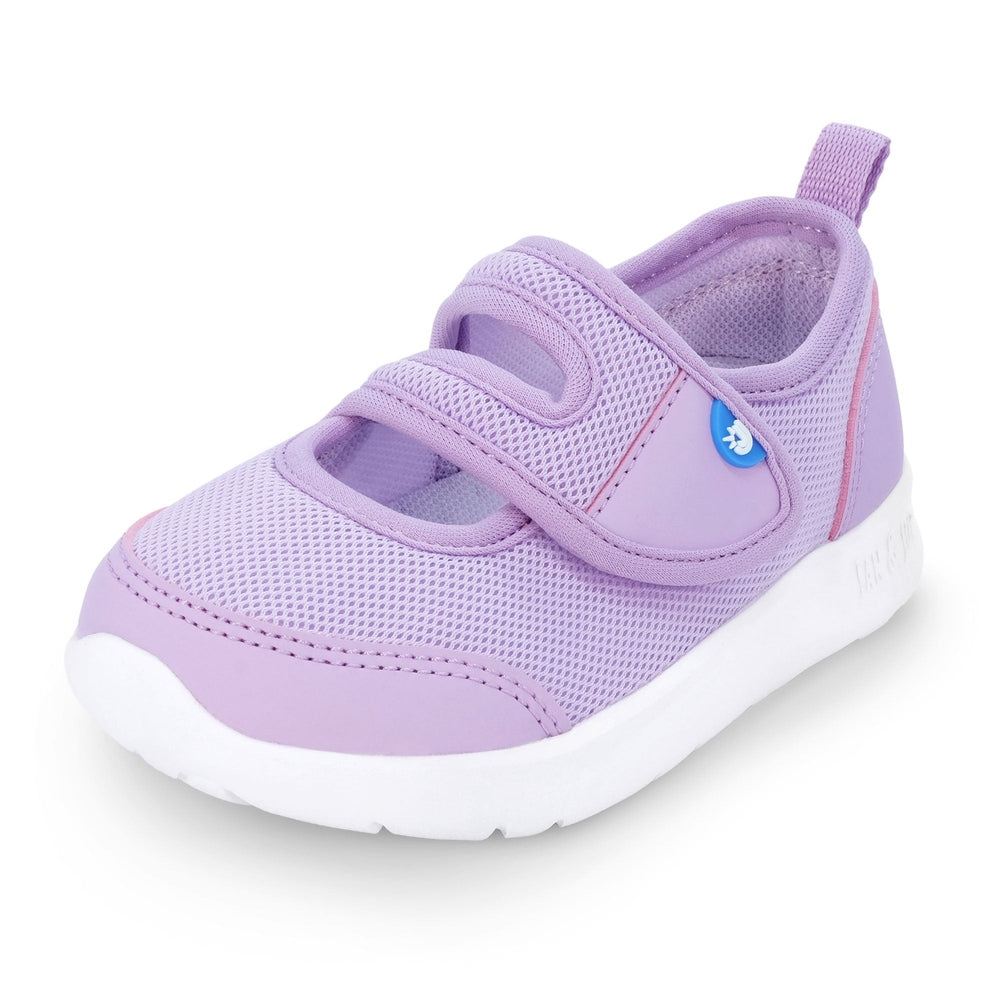 JAN & JUL Jan & Jul Kids Lite Mary Jane Shoes Dusty Purple pair of baby shoes shown in image 1 of 8 with mesh upper, velcro strap and contra