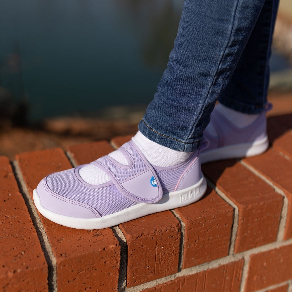 JAN & JUL Jan & Jul Kids Lite Mary Jane Shoes Dusty Purple pair of baby shoes shown in image 4 of 8 with mesh upper, velcro strap and contra