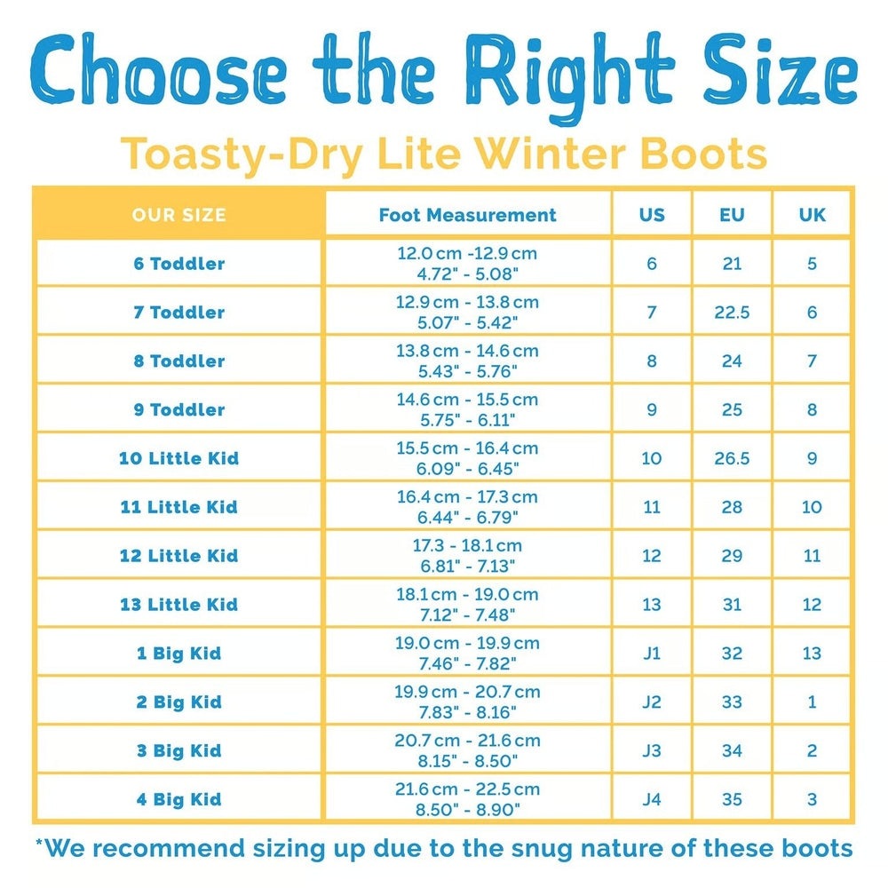 JAN & JUL Kids Lite Waterproof Boots Apricot Flower size chart showing toddler to big kid sizes and measurements