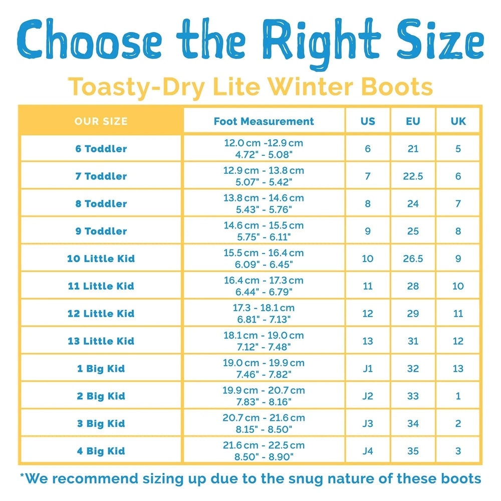 JAN & JUL Kids Lite Waterproof Boots Pink Forest size chart detailing foot measurements and US/EU/UK sizes.