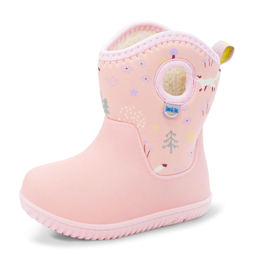 Jan & Jul Kids Lite Waterproof Boots Pink Forest; pink waterproof boot with plush lining and back pull-tab, forest print visible.