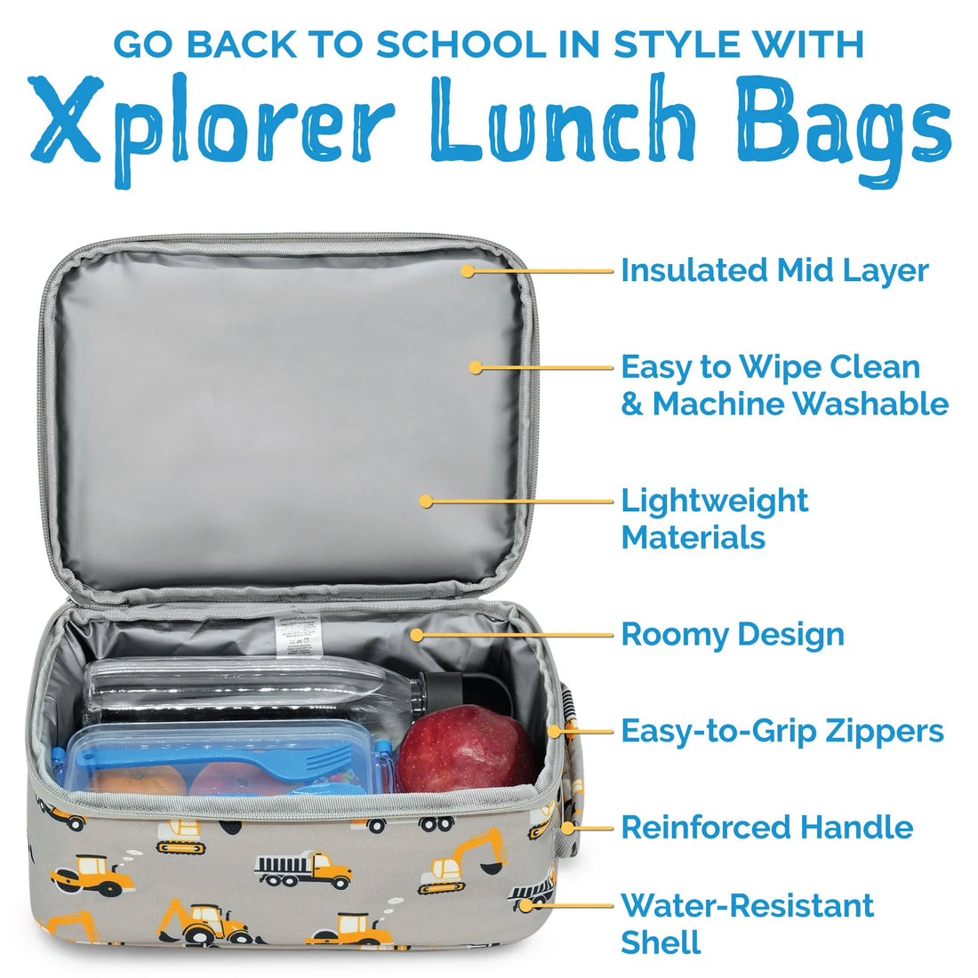 Jan & Jul Kids Lunch Bag Grey Construction rear view