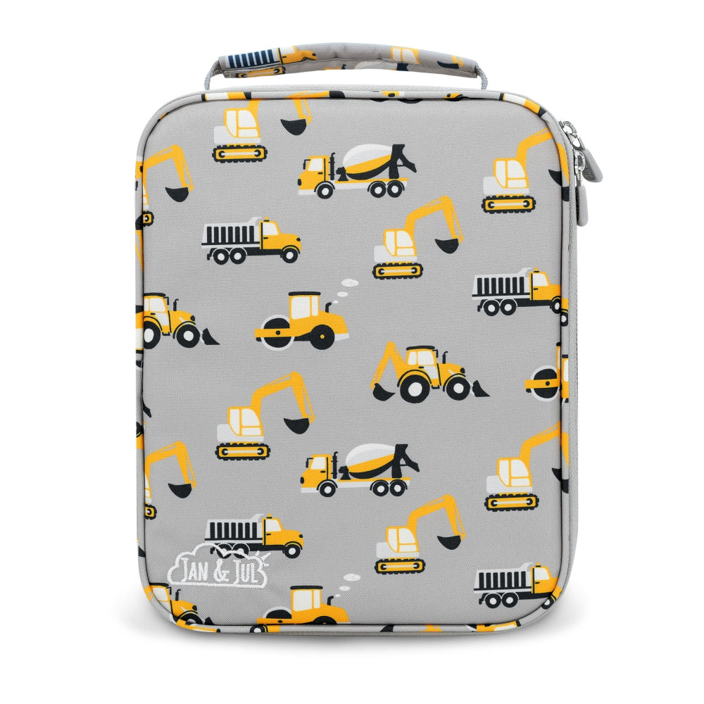Jan & Jul kids lunch bag in grey with yellow construction vehicles pattern and durable top handle
