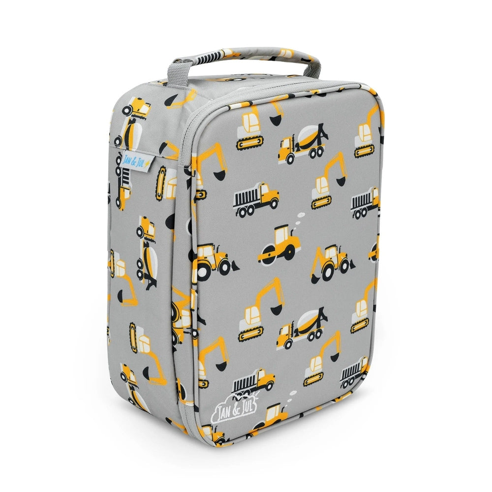 Jan & Jul kids lunch bag, grey with yellow construction vehicle pattern, top handle