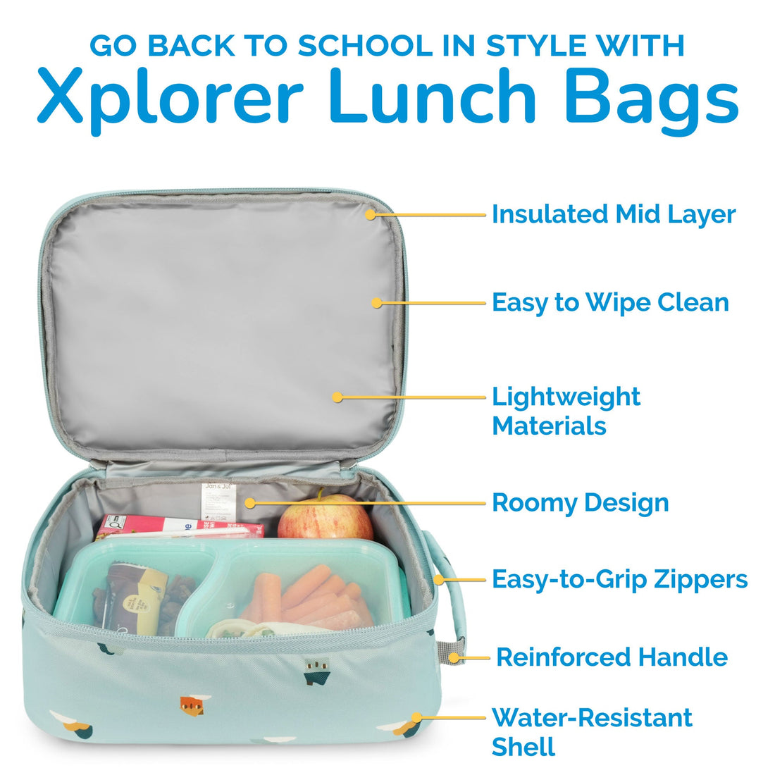 Open Home Sweet Home lunch bag showing insulated interior and packed food