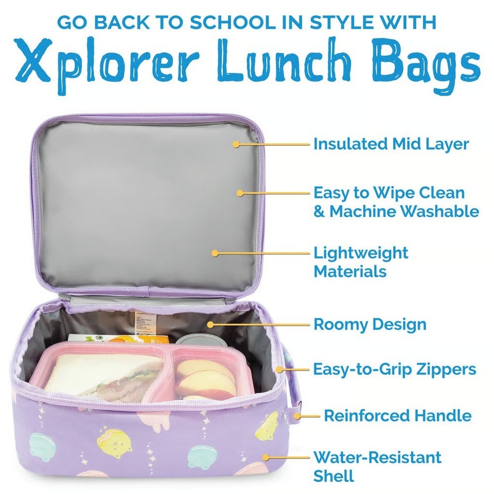 JAN & JUL Kids Lunch Bag Macarons, purple insulated tote with reinforced handle and easy-clean lining