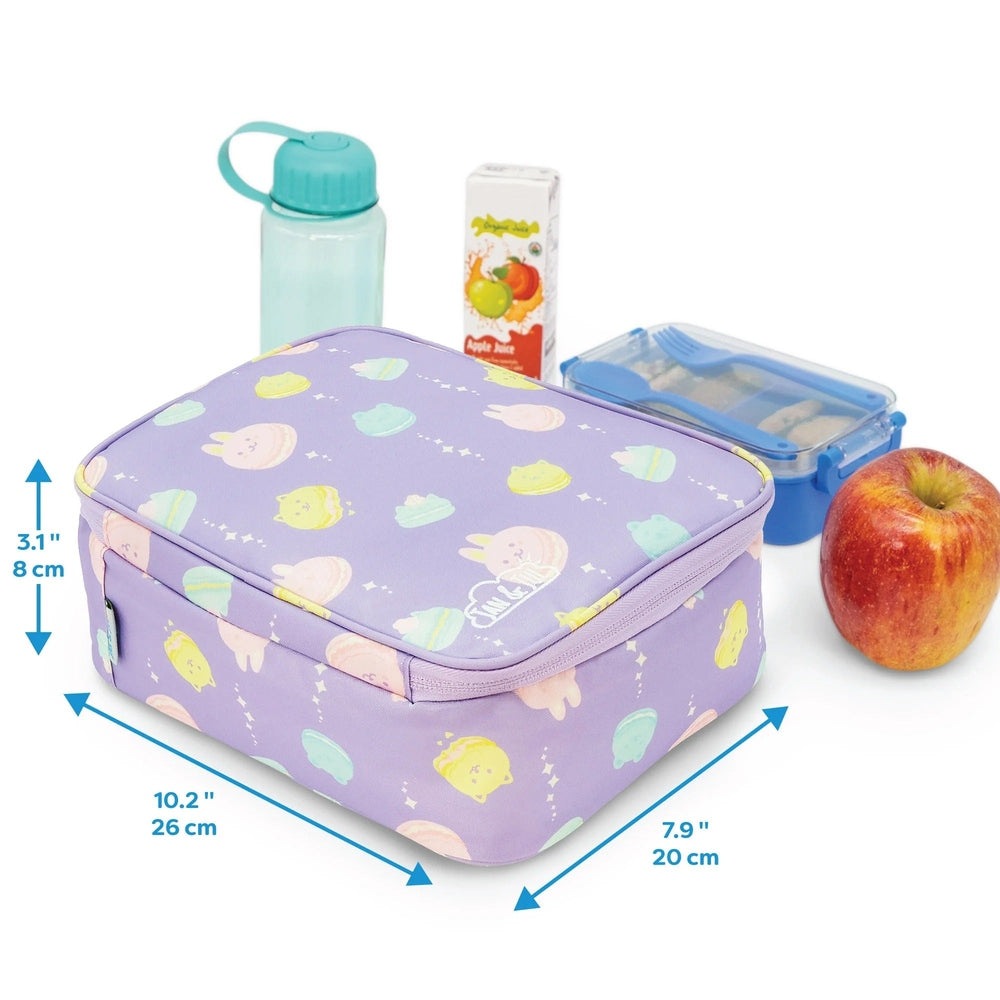 Jan & Jul kids lunch bag, purple insulated lunch tote with pastel macarons pattern
