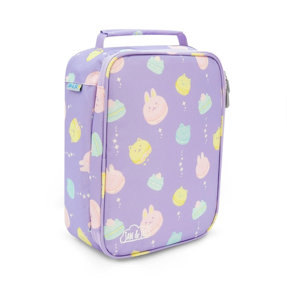 Jan & Jul lunch bag for kids, lavender purple with pastel macarons pattern, JAN & JUL brand