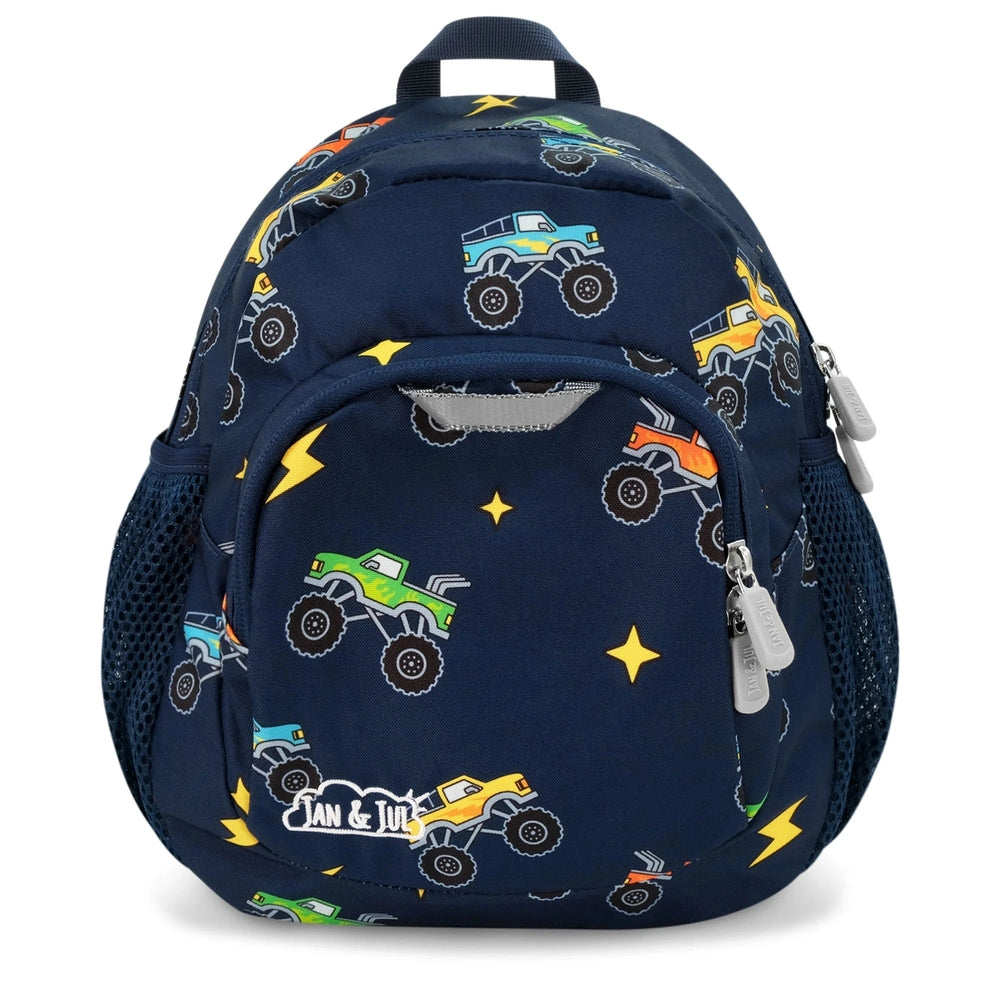 Jan & Jul Kids Mini Backpack navy with colorful monster-truck print and side mesh pockets