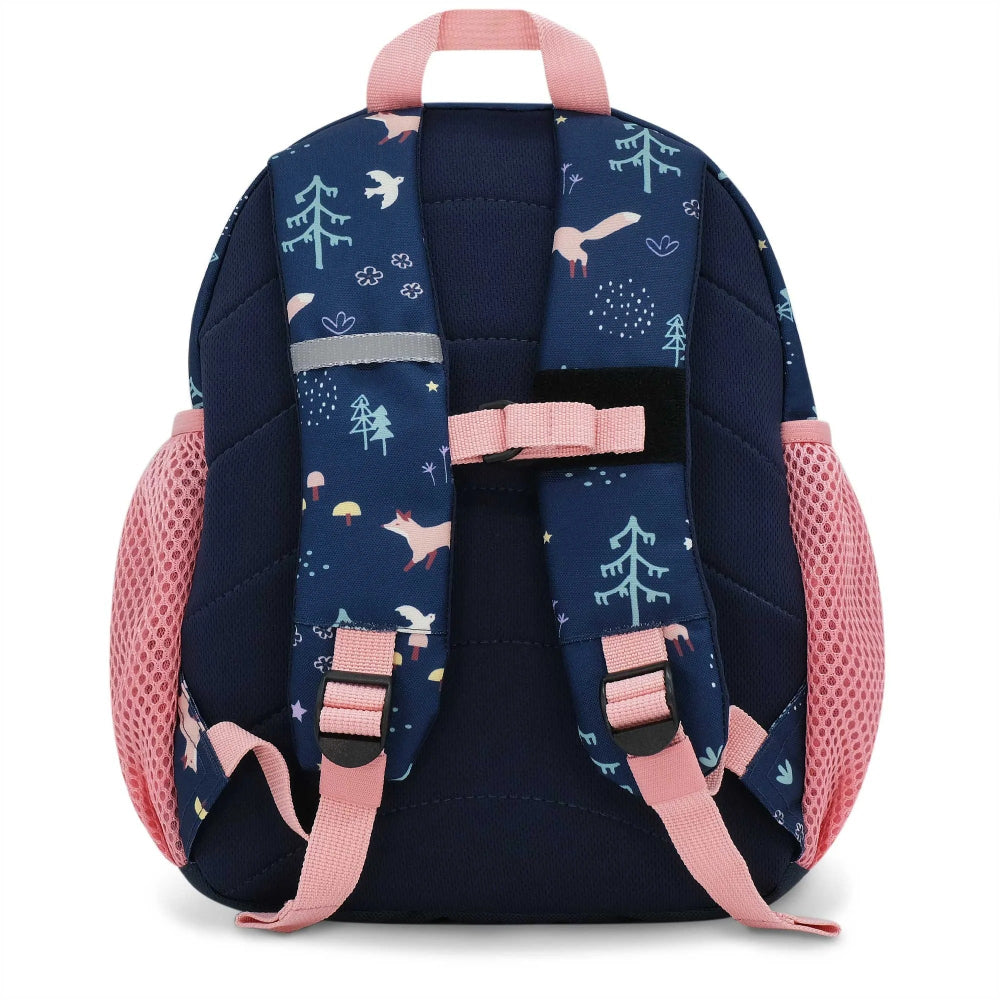 JAN & JUL Mini Backpack in navy with pink mesh side pockets; padded back and adjustable pink buckled straps.