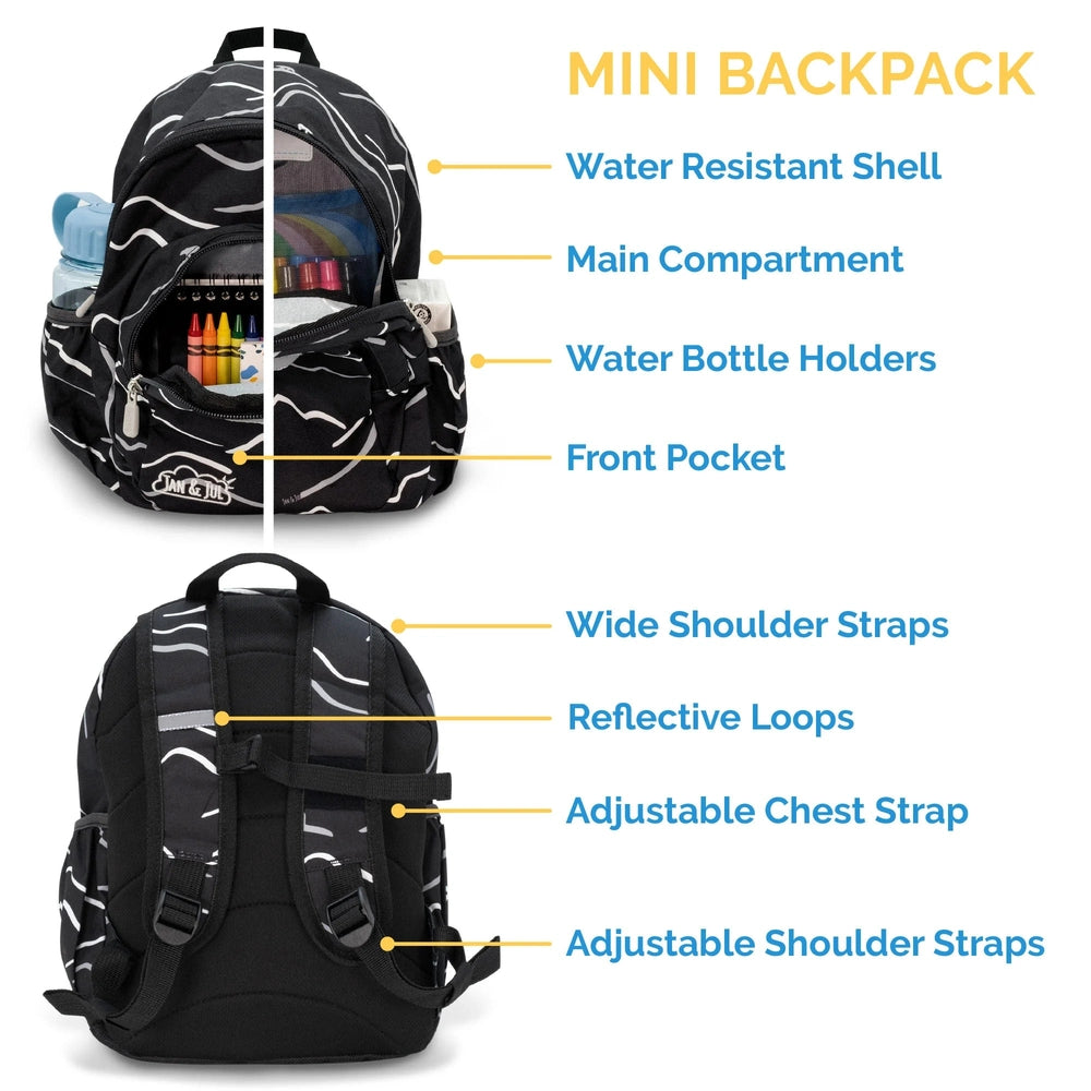Jan & Jul Kids Mini Backpack in black with white pattern; water bottle holders and reachable front pocket in use.