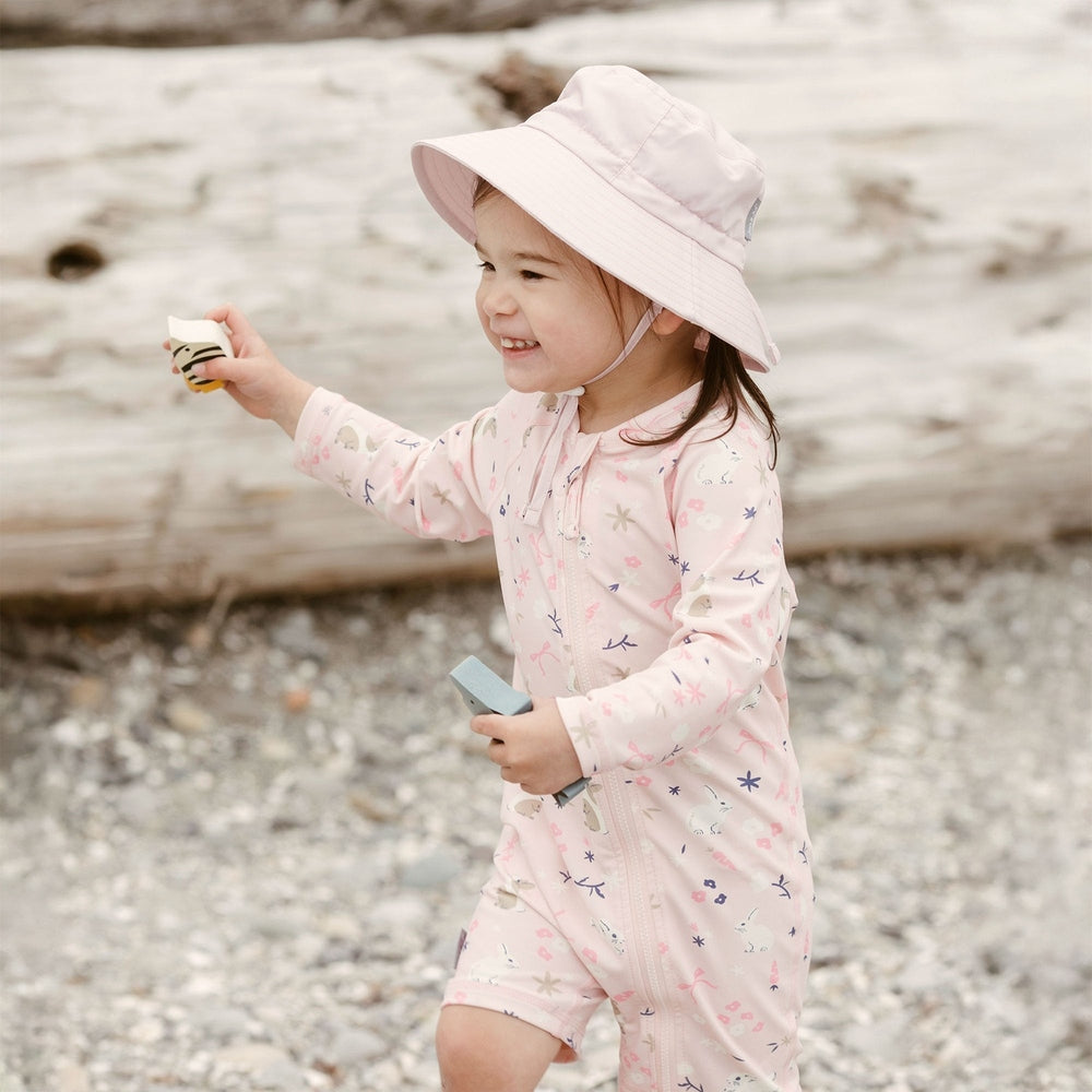 JAN & JUL Jan & Jul Kids One Piece UV Sun Suit Bunny Flowers with matching bucket hat, chin strap, and front zipper img 3/8
