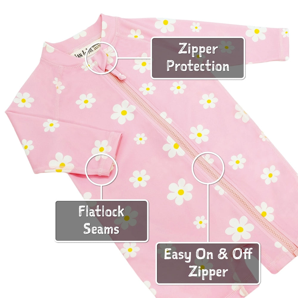 JAN & JUL Jan & Jul Kids One Piece UV Sun Suit Bunny Flowers diagonal front zipper with flatlock seams and zipper guard img 5/8