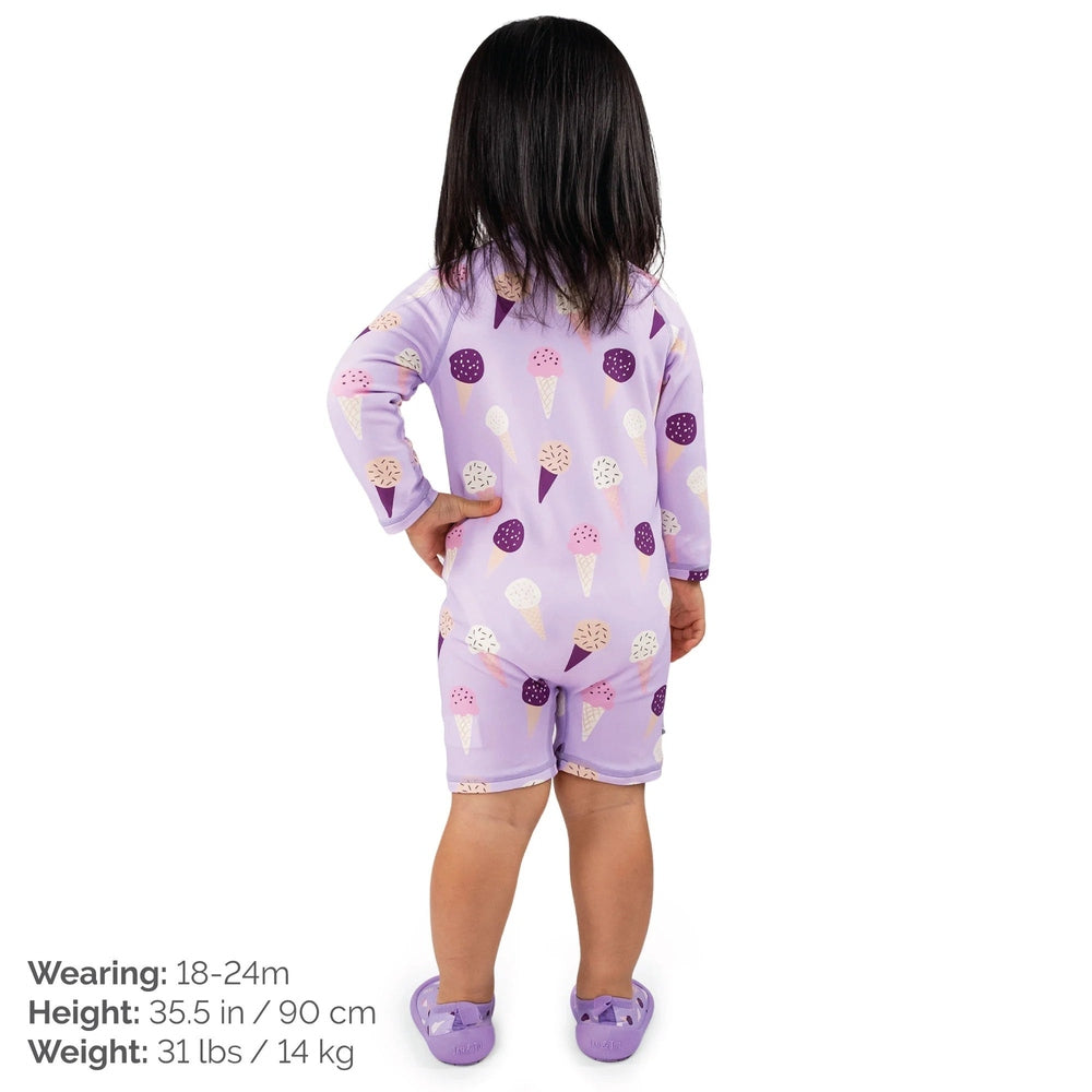 Jan & Jul Kids One Piece UV Sun Suit Lavender Ice Cream, back view on toddler with long sleeves.