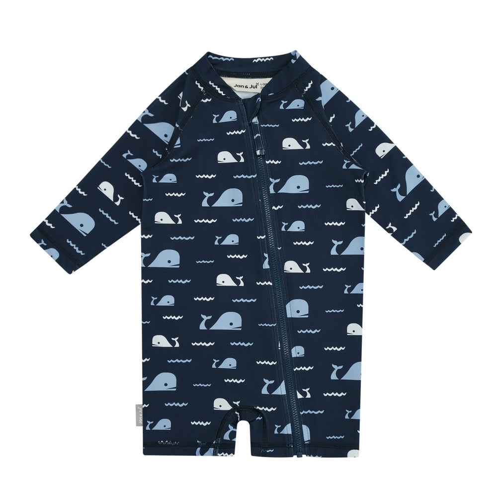 Jan & Jul Kids One Piece UV Sun Suit Navy Whale Tales - official image 1