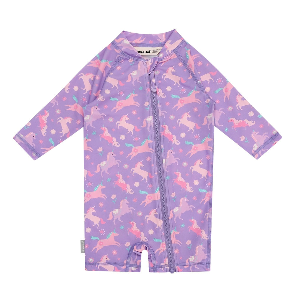 JAN & JUL Jan & Jul Kids One Piece UV Sun Suit Purple Unicorn Full-length front zipper with raglan sleeves and short legs img 1/8
