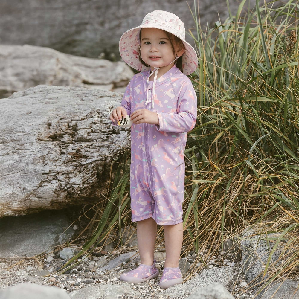 JAN & JUL Jan & Jul Kids One Piece UV Sun Suit Purple Unicorn Full front zipper with long sleeves and short legs img 2/8