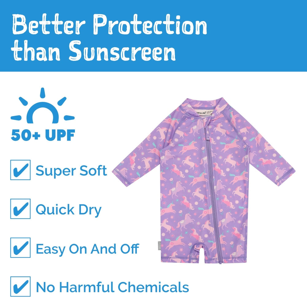 JAN & JUL Jan & Jul Kids One Piece UV Sun Suit Purple Unicorn Long sleeve design with full-length front zipper closure img 7/8