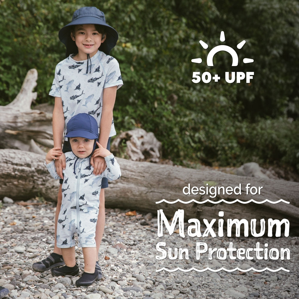 JAN & JUL Jan & Jul Kids One Piece UV Sun Suit Whale Play shark print with short sleeves, shorts length, front zipper img 4/8