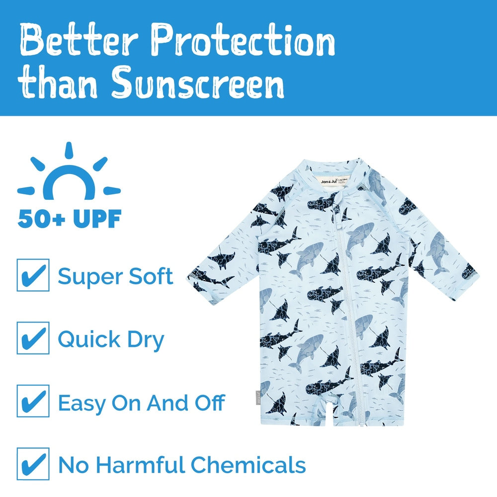 JAN & JUL Jan & Jul Kids One Piece UV Sun Suit Whale Play Long sleeves with full front zipper and shark print details img 5/8