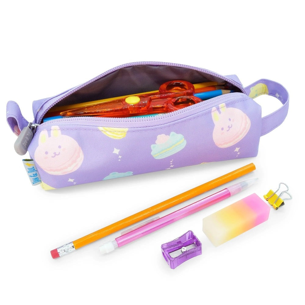 JAN & JUL Macarons pencil case in lavender with pastel dessert print; zipper open, showing scissors and pencils