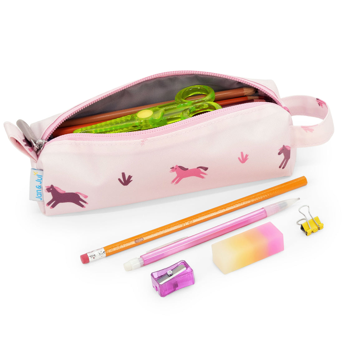 Open Pink Ponies pencil case filled with school supplies
