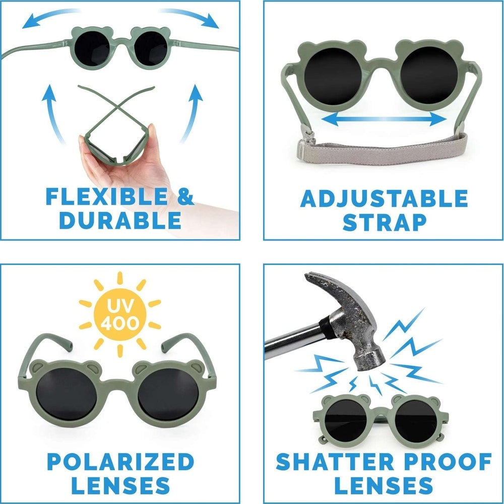 Jan & Jul kids bear sunglasses in crocodile green with polarized lenses and adjustable strap