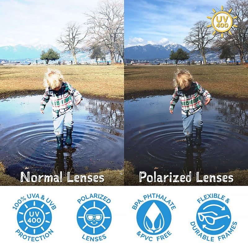 JAN & JUL Kids Polarized Heart Sunglasses Lavender; child splashes in a puddle as polarized lenses cut glare.