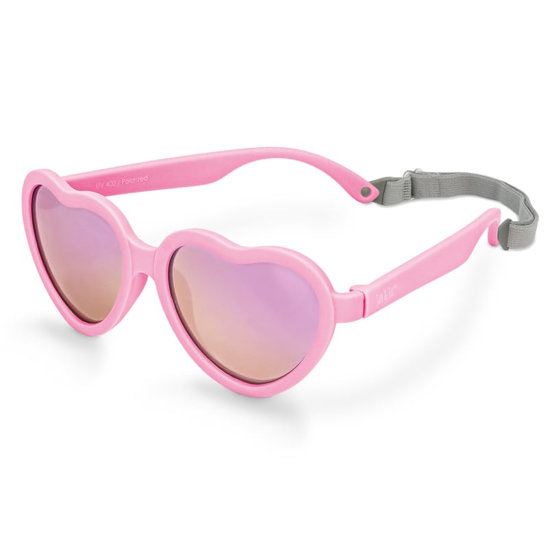 Jan & Jul Kids Polarized Heart Sunglasses Peachy Pink with mirrored lenses and gray adjustable strap