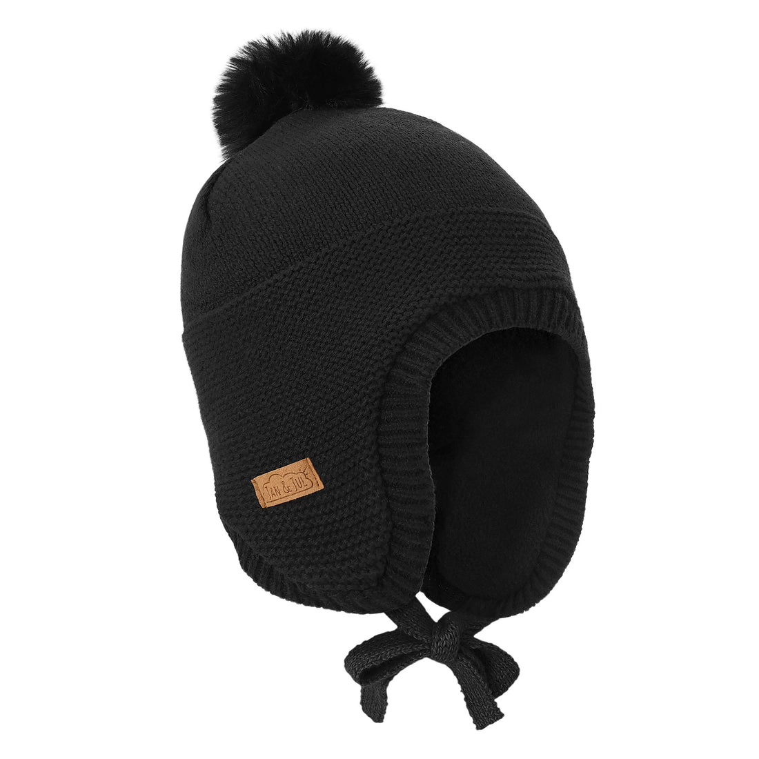 Jan & Jul Jet Black Pom-Pom Knit Hat with earflaps and neck ties.