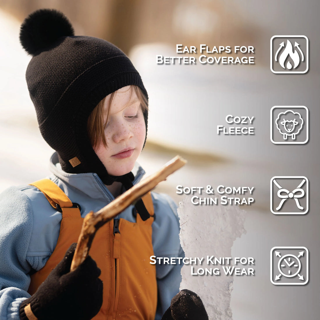 Jan & Jul Jet Black Pom-Pom Knit Hat feature graphic showing earflaps, fleece lining and neck ties.