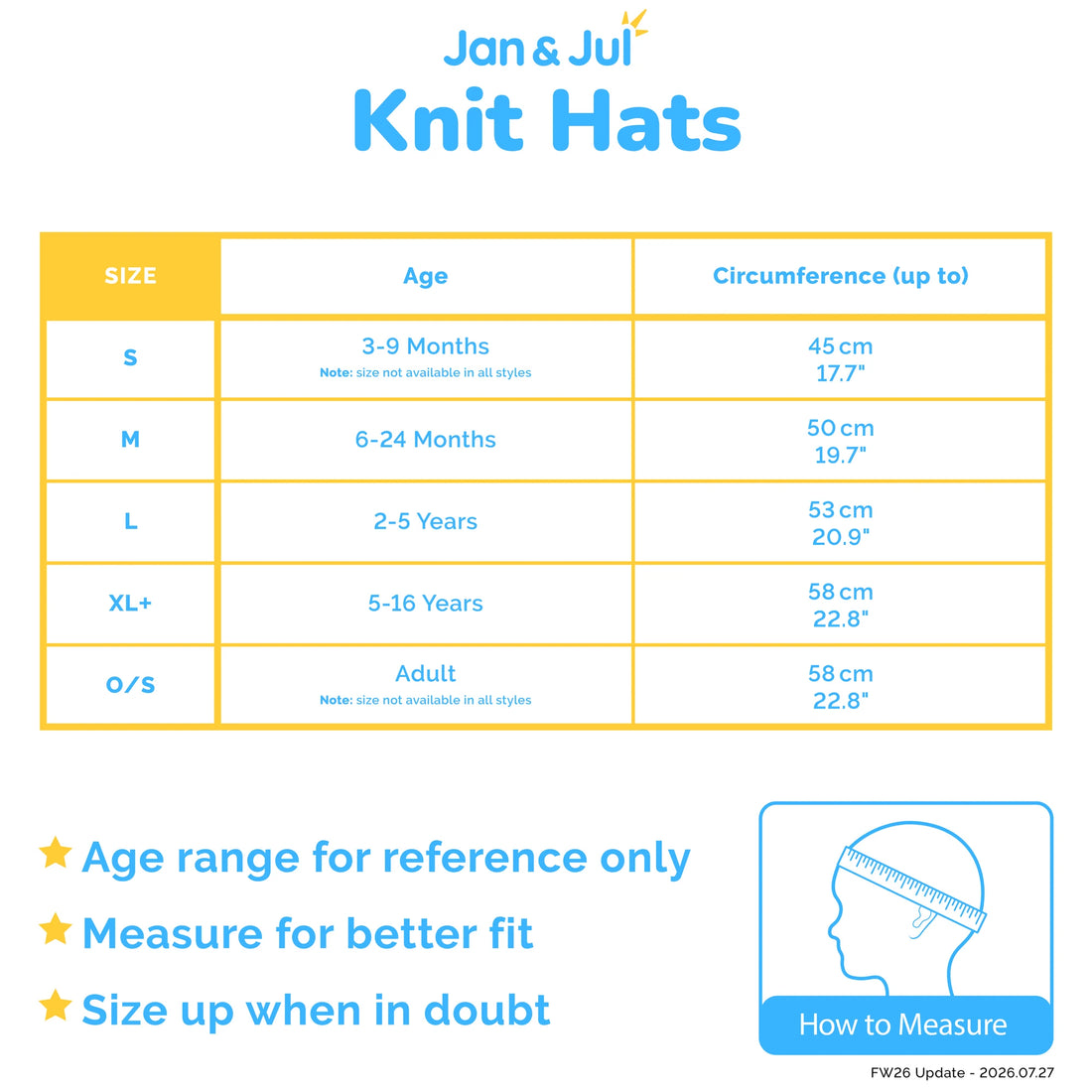 Jan & Jul knit hat size chart with age and head circumference measurements.