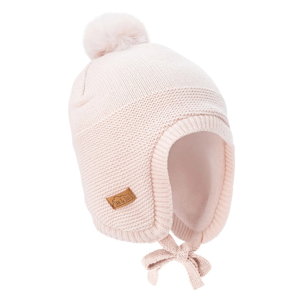 JAN & JUL kids light pink pom-pom knit hat with ear flaps and tied tassels