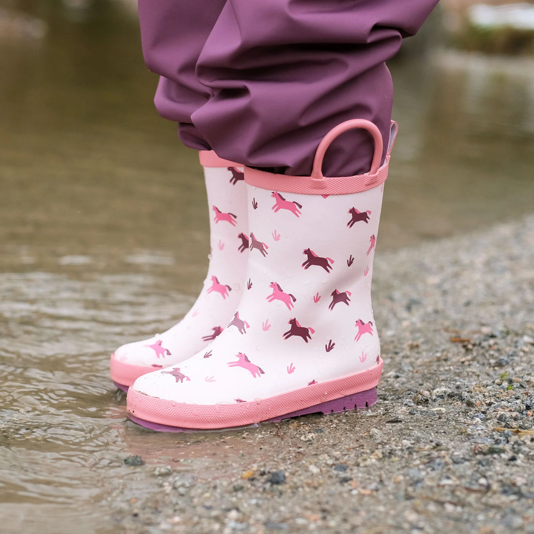 Jan & Jul Kids Rubber Rain Boots Pink Ponies lifestyle view