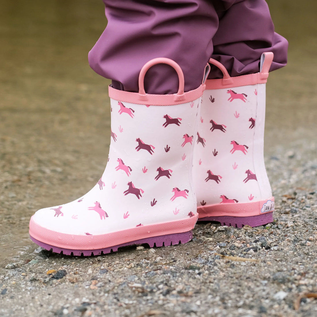 Jan & Jul Kids Rubber Rain Boots Pink Ponies lifestyle detail