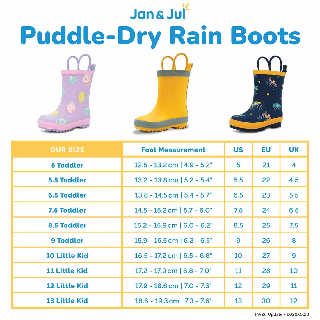 Jan & Jul Kids Rubber Rain Boots Skater Dinos size chart