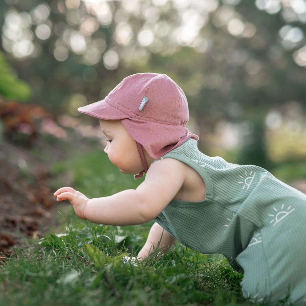 Jan & Jul baby sun hat in dusty rose with neck flap and soft knit fabric