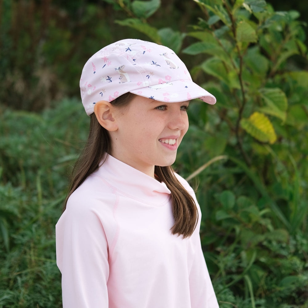 JAN & JUL Jan & Jul Kids SunLite Cap Bunny Flowers gathered crown with center seam and curved brim img 2/5