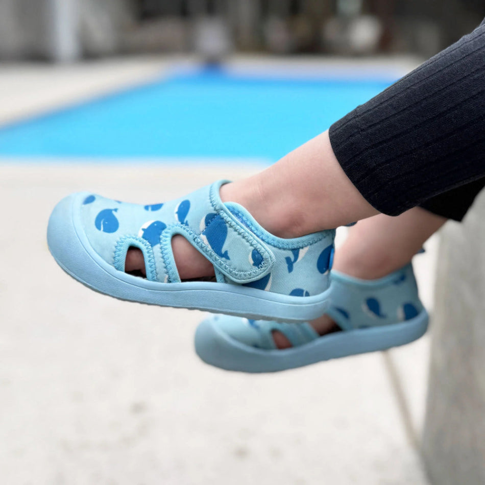 Jan & Jul Sunnybreeze kids sandals, light blue whale print, toddler footwear by JAN & JUL