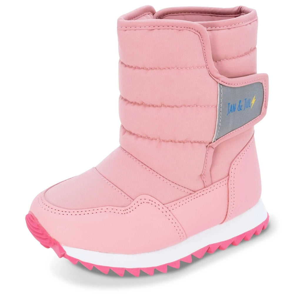 Jan & Jul Kids Tall Puffy Winter Boots Dusty Pink with a grey logo strap and grippy zigzag outsole.