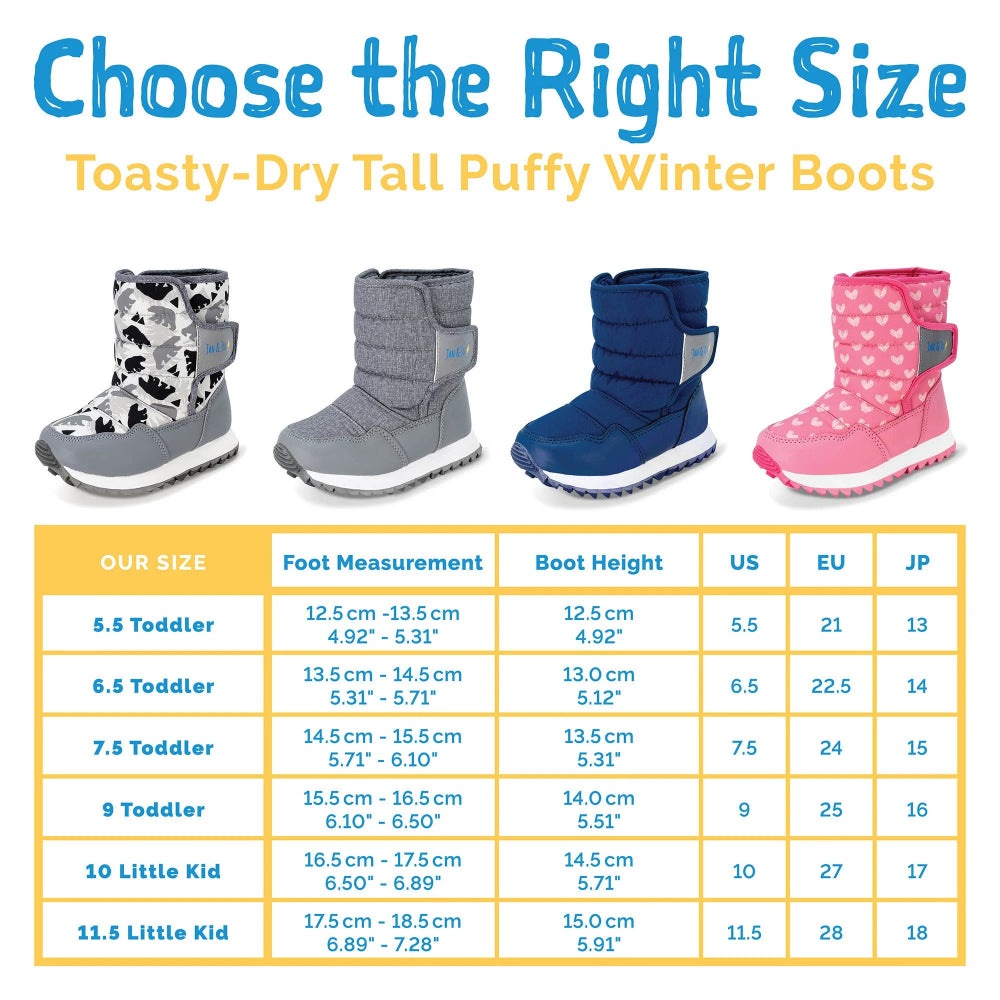 Jan & Jul Kids Tall Puffy Winter Boots Dusty Pink set of 4 in pink, blue, gray and camo with quilted uppers and chunky soles.