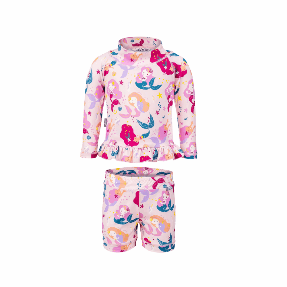 JAN & JUL kids UV rashguard set in pink mermaid print with long sleeves and matching shorts