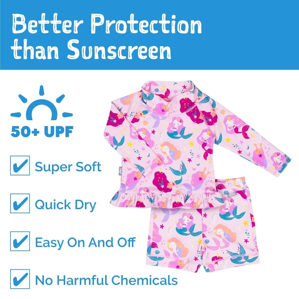JAN & JUL kids UV rashguard set pink mermaid, 2-piece with 50+ UPF, quick-dry, easy-on/easy-off