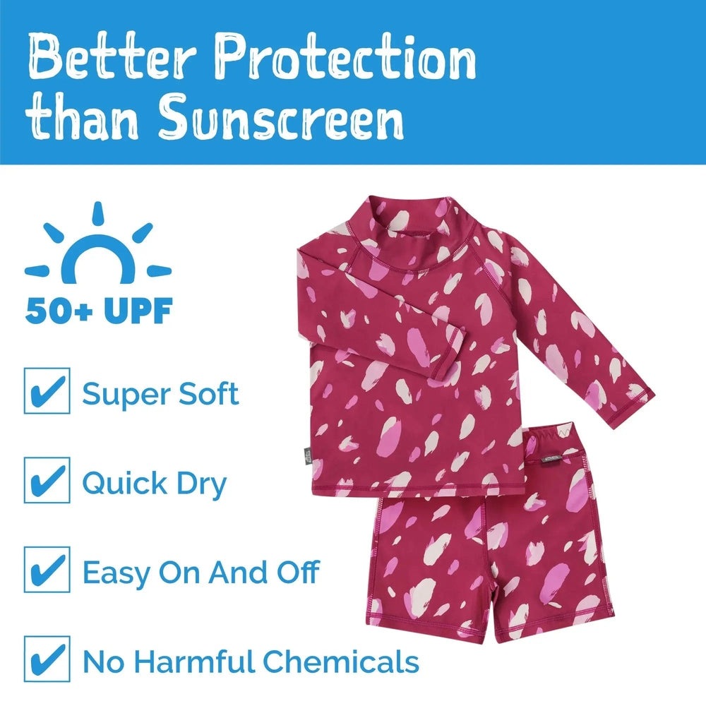 JAN & JUL Kids UV Rashguard Set Pink Petals; top and shorts laid flat, proving UPF50+ protection.