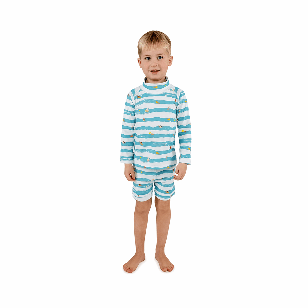 Jan & Jul two-piece kids UV rashguard set Waterplay; blue and white striped long-sleeve top with shorts