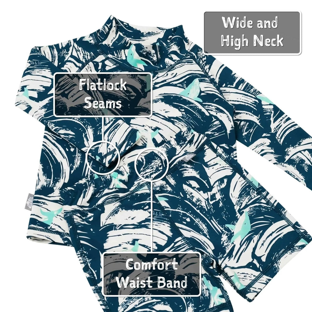 Jan & Jul Kids UV Rashguard Set Wave Rider in blue wave print; long-sleeve top with wide high neck, flatlock seams, comfy waist band