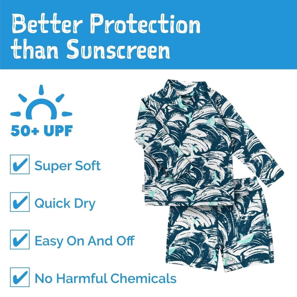JAN & JUL Kids UV Rashguard Set Wave Rider in teal tropical print laid flat; 50+ UPF, quick-dry, easy on/off