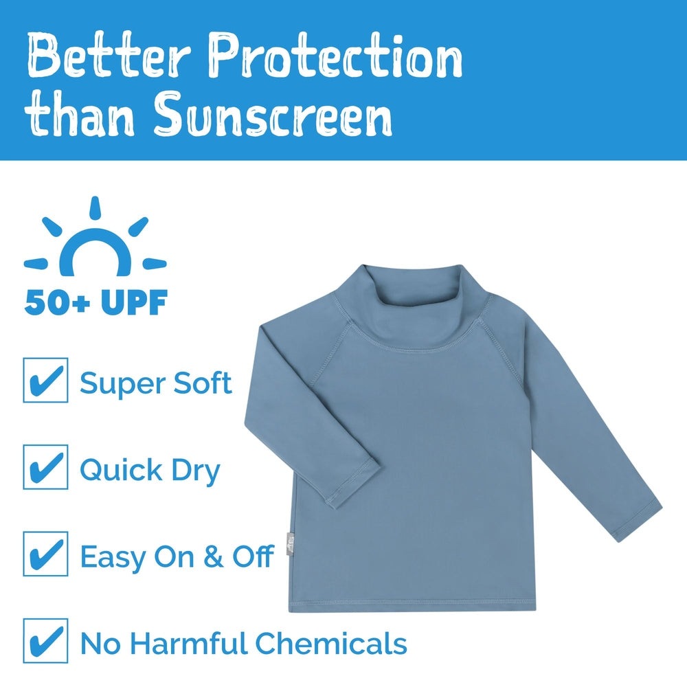 Jan & Jul Kids UV Rashguard Top Blue Grey, soft, quick-dry long-sleeve swim shirt worn by a toddler; 50+ UPF