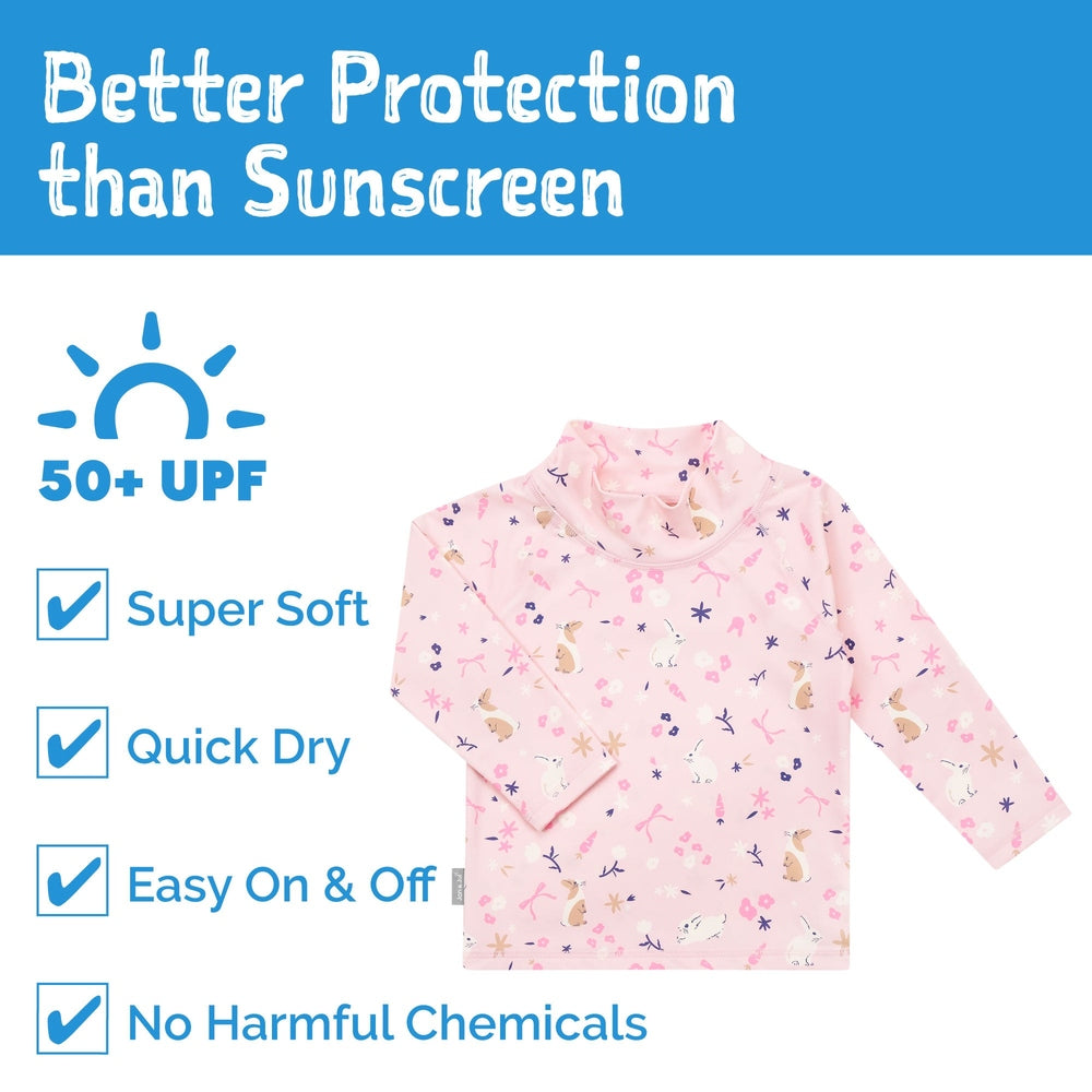 Pink kids UPF 50+ long-sleeve rash guard with bunny print