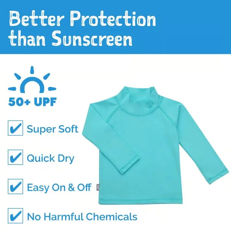 JAN & JUL Kids UV Rashguard Top Lagoon in turquoise; quick-dry, super soft, easy on/off, 50+ UPF.